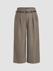 Houndstooth Mid Waist Belted Wide Leg Trousers Curve & Plus