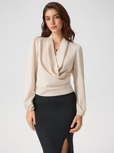 Satin V-neck Wrap Zip Long Sleeve Blouse