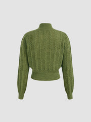 Wool-blend Cable Knit High Neck Solid Long Sleeve Top