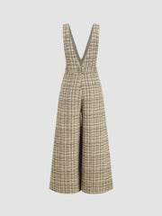 Tweed V-neck Check Button Pleated Wide Leg Jumpsuit