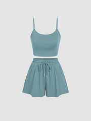 U-neckline Crop Cami Top & Drawstring Wide Leg Shorts Set