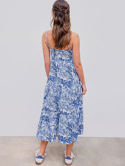 V-neck Landscape Painting Cut Out Knotted Cami Midi Dress