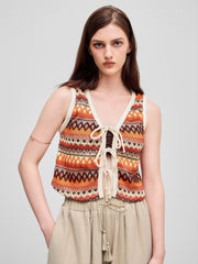V-neck Striped Tie Front Knotted Oversized Crop Vest