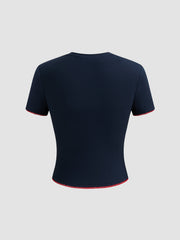 Round Neckline Pepper Embroidery Contrasting Binding Short Sleeve Tee