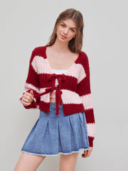 Knit V-neck Striped Tie Front Cardigan