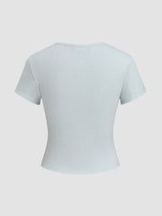 Round Neckline Solid Button Short Sleeve Top