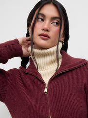 Knit Zip Through Cropped Long Sleeve Top