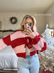 Knit V-neck Striped Tie Front Cardigan