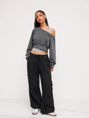 Terry Off-shoulder Cropped Oversized Sweatshirt & Ruched Tank Top