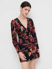 Velvet V-neck Floral Mini Dress