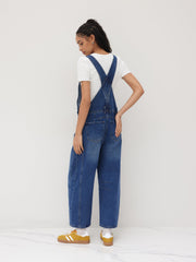 Denim Solid Buckle Pocket Barrel-leg Jumpsuit