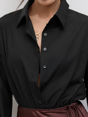 Collar Solid Button Long Sleeve Shirt Bodysuit