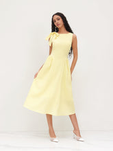 Linen-blend Boat Neck Bowknot Ruffle Midi Dress