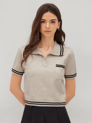 Knit Collar Stripe Short Sleeve Top