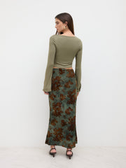Boat Neck Long Sleeve Top & Mid Rise Floral Ruched Maxi Skirt Set
