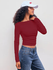 Cotton-blend Boat Neck Solid Ruched Long Sleeve Tee