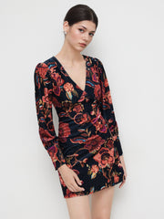 Velvet V-neck Floral Mini Dress