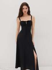 Square Neck Bowknot Corset Ruffle Split Cami Maxi Dress