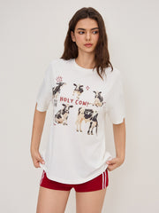 Round Neckline Holy Cow Graphic Oversized Tee