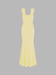 Solid Ruched U-neckline Ruffle Maxi Dress