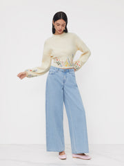 Knit High Neck Floral Embroidery Crop Top