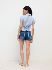 Cotton-blend V-neck Stripe Tie Back Shirt