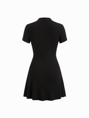 Mandarin Collar Short Sleeve Metal Detail Cut Out Ruched Mini Dress