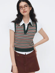 Knit Jacquard V-neck Polo Geometric Crop Vest