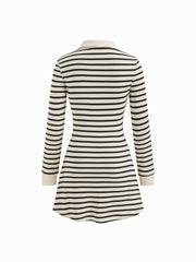 Cotton-blend Stripe Collar Long Sleeve Mini Dress