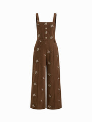 Corduroy Floral Backless Pocket Wide Leg Jumpsuit