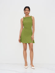 Boat Neck Twist Ruched Mini Dress