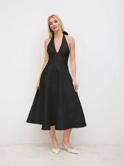 Jacquard Halter Neckline Floral Lace Up Maxi Dress