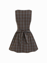 Plaid Asymmetrical Neck Ruched Tie Back Mini Dress