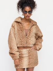 Faux Fur Deer Low Rise Animal Print Half Zip Mini Skirt