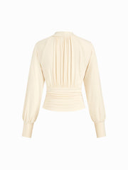 High Neck Long Sleeve Ruched Cinched Waist Blouse