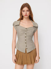 100% Cotton Collar Stripe Belted Short Sleeve Blouse