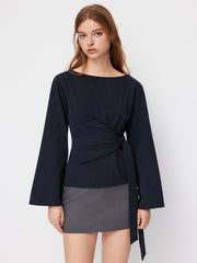 Boat Neck Stripe Knotted Bell Sleeve Blouse