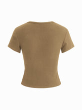 Round Neckline Solid Button Short Sleeve Top