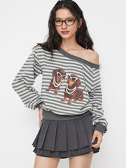 Cotton-blend Asymmetrical Neck Striped Puppies Graphic Oversized Sweatshirt
