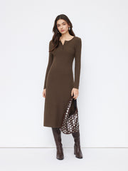 Round Neckline Long Sleeve Button Midi Dress