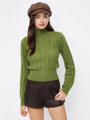 Wool-blend Cable Knit High Neck Solid Long Sleeve Top