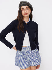 Knit Plaid Round Neck Long Sleeve Ruffle Trim Button Cardigan