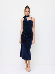 Velvet Halter Neckline Ruched Cami Maxi Dress With Scarf