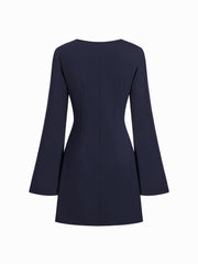 Round Neckline Side Belted Pleated Bell Sleeve Mini Dress