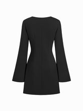 Round Neckline Side Belted Pleated Bell Sleeve Mini Dress