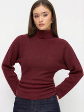 Knit Turtleneck Long Sleeve Button Side Ruched Cinched Waist Top