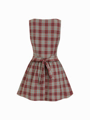 Plaid Asymmetrical Neck Ruched Tie Back Mini Dress
