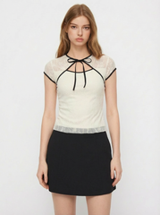 Round Neckline Floral Contrasting Binding Cut Out Knotted Short Sleeve Top