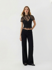 High Neck Lace Floral Top & Solid Crop Cami Top Set