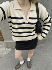 Striped Collar Knit Polo Top